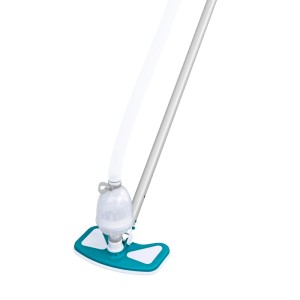 Bestway AquaClean Poolsauger: Türkise Reinigungsbürste, transparente Filterkammer, Teleskopstange für Poolpflege.