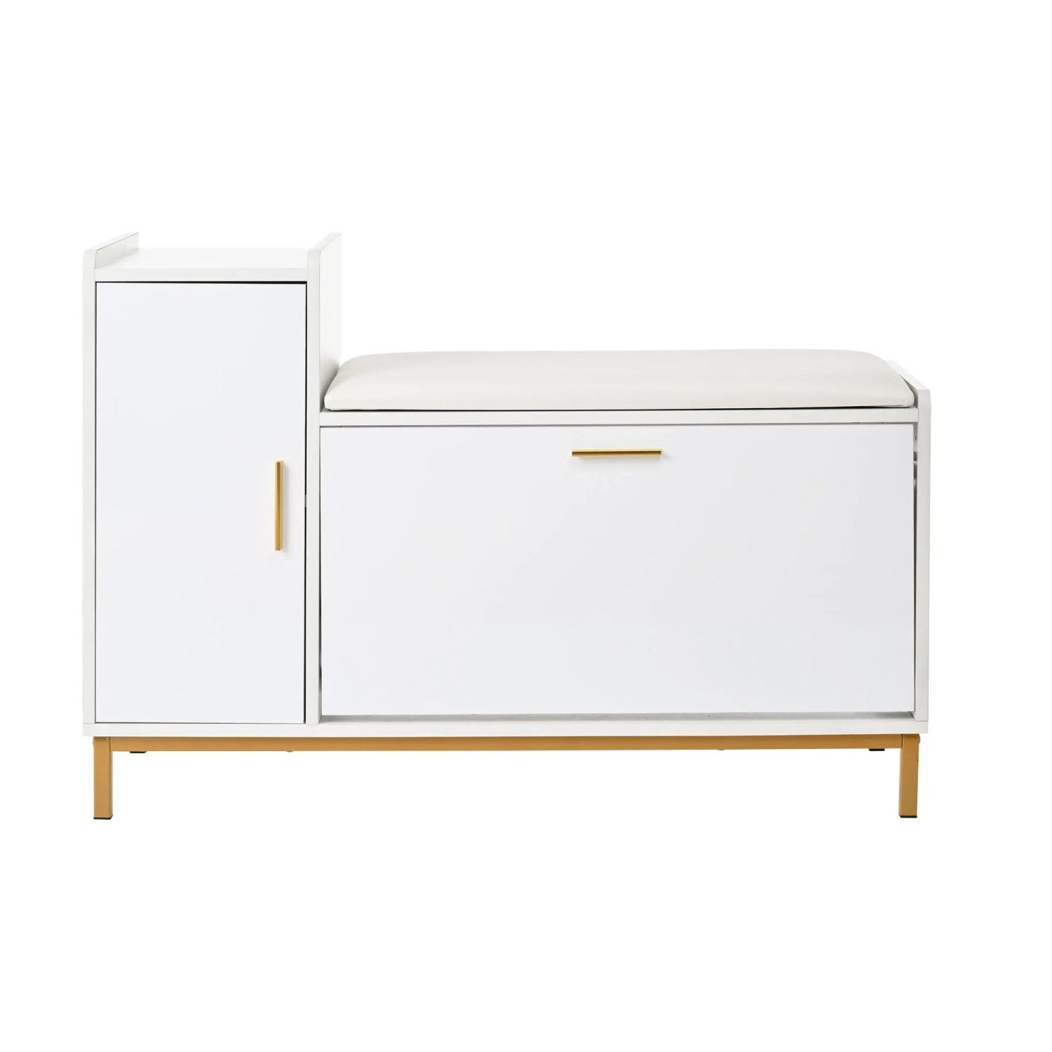 ModernLuxe Schuhschrank Hochglanz mit 2 Fächern 1 Schrank Metallfüßen Sitzbank Weiß Gold