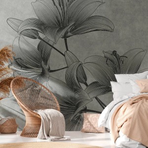 Graue Fototapete mit Blumenmuster im Schlafzimmer, matte Oberfläche. PROFHOME Vliestapete.