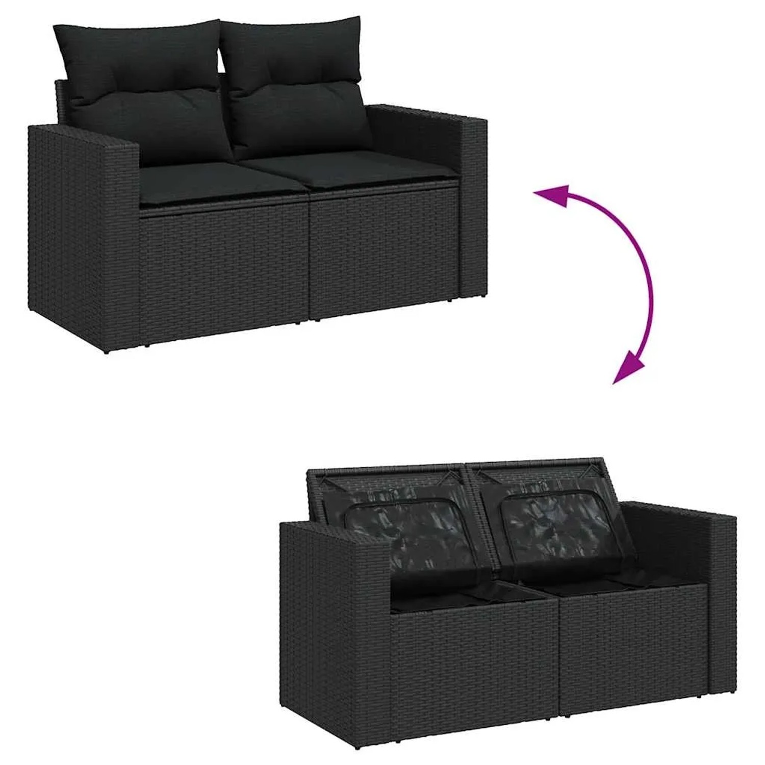 Schwarze 4-tlg. vidaXL Garten-Sofagarnitur aus Rattan mit Kissen und Stauraum.