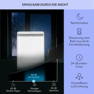 Weiße Klarstein Iceblock Klimaanlage im Schlafzimmer mit Nachtmodus und Fernbedienung.