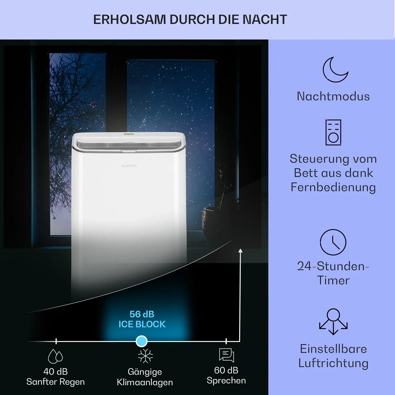Weiße Klarstein Iceblock Klimaanlage im Schlafzimmer mit Nachtmodus und Fernbedienung.