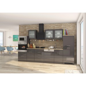 Moderne Held Möbel Küchenzeile Mailand, 340 cm, Grau Hochglanz mit E-Geräten.