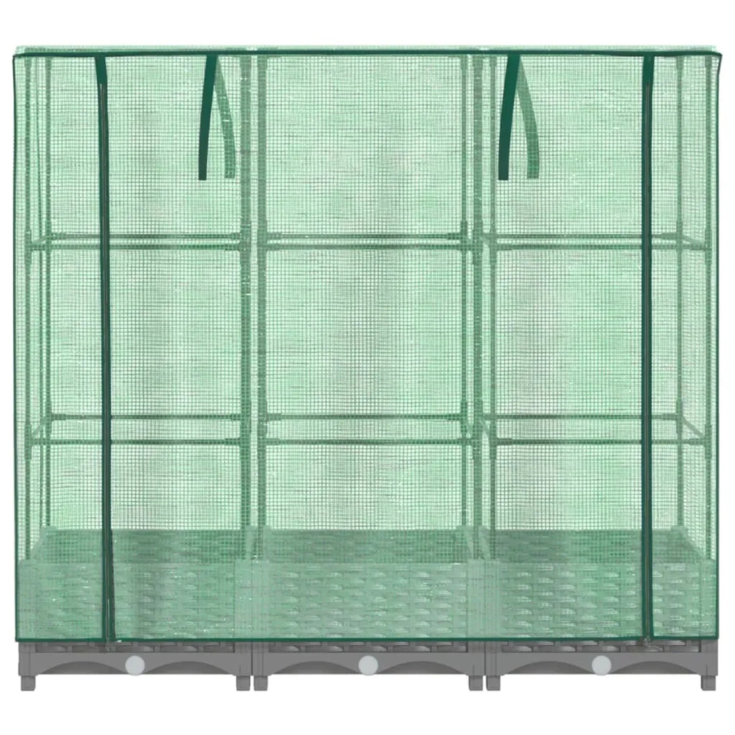 Hellgraues vidaXL Hochbeet mit Gewächshaus-Aufsatz und Rattan-Optik.