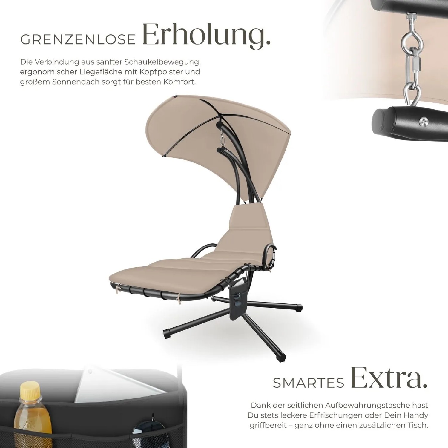 Tectake Hängeliege Elaria Großes Sonnendach Mit Uv Schutz Stabil und Strapazierfähig 195 x 132 x 197 cm Beige_3