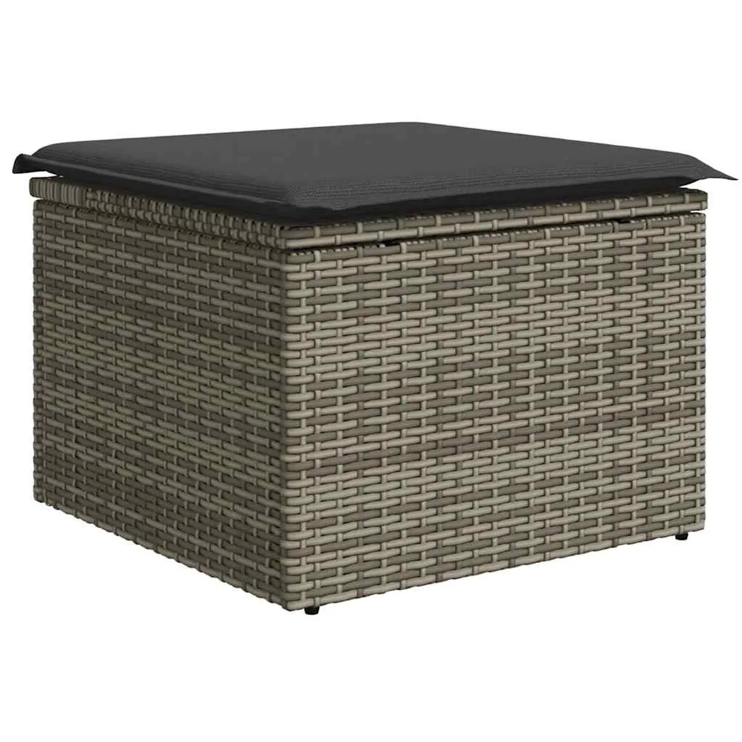 Grauer vidaXL Gartenmöbel-Fußhocker aus Rattan mit dunklem Kissen.