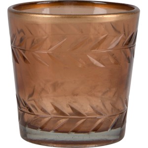 Brauner Teelichthalter Desert Flower aus Glas mit Goldrand und Blattmuster.