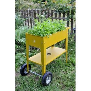 Gelbes Herstera Garden Metall-Hochbeet mit Rädern und Ablagefläche, bepflanzt mit Kräutern.