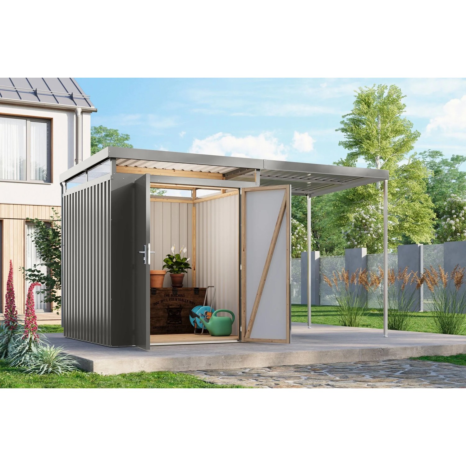 Karibu Metallgerätehaus Argos 2 mit Anbaudach 2 m Graualuminium