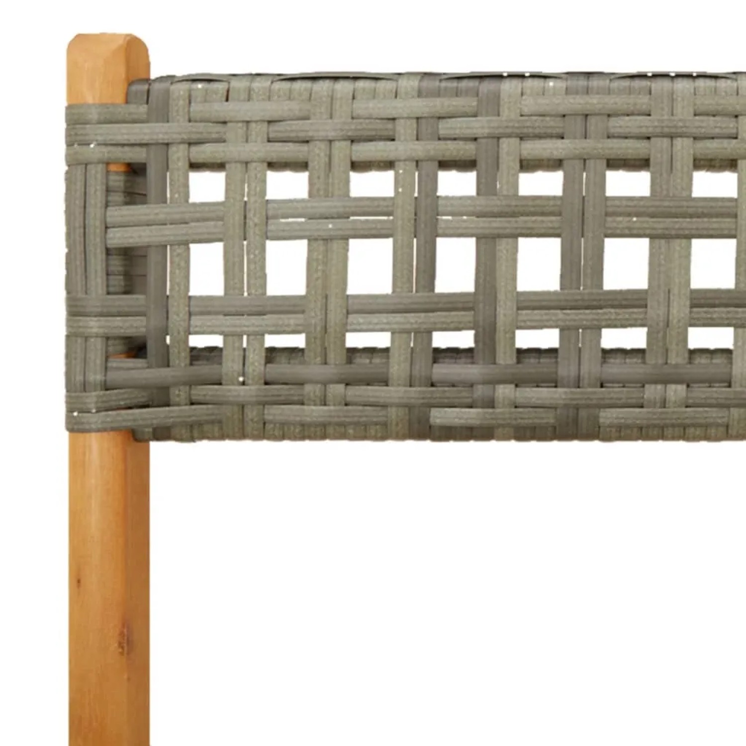 Detailansicht Gartenstuhl der 5-tlg. Garten-Essgruppe mit grauem Poly Rattan und Akazienholz.