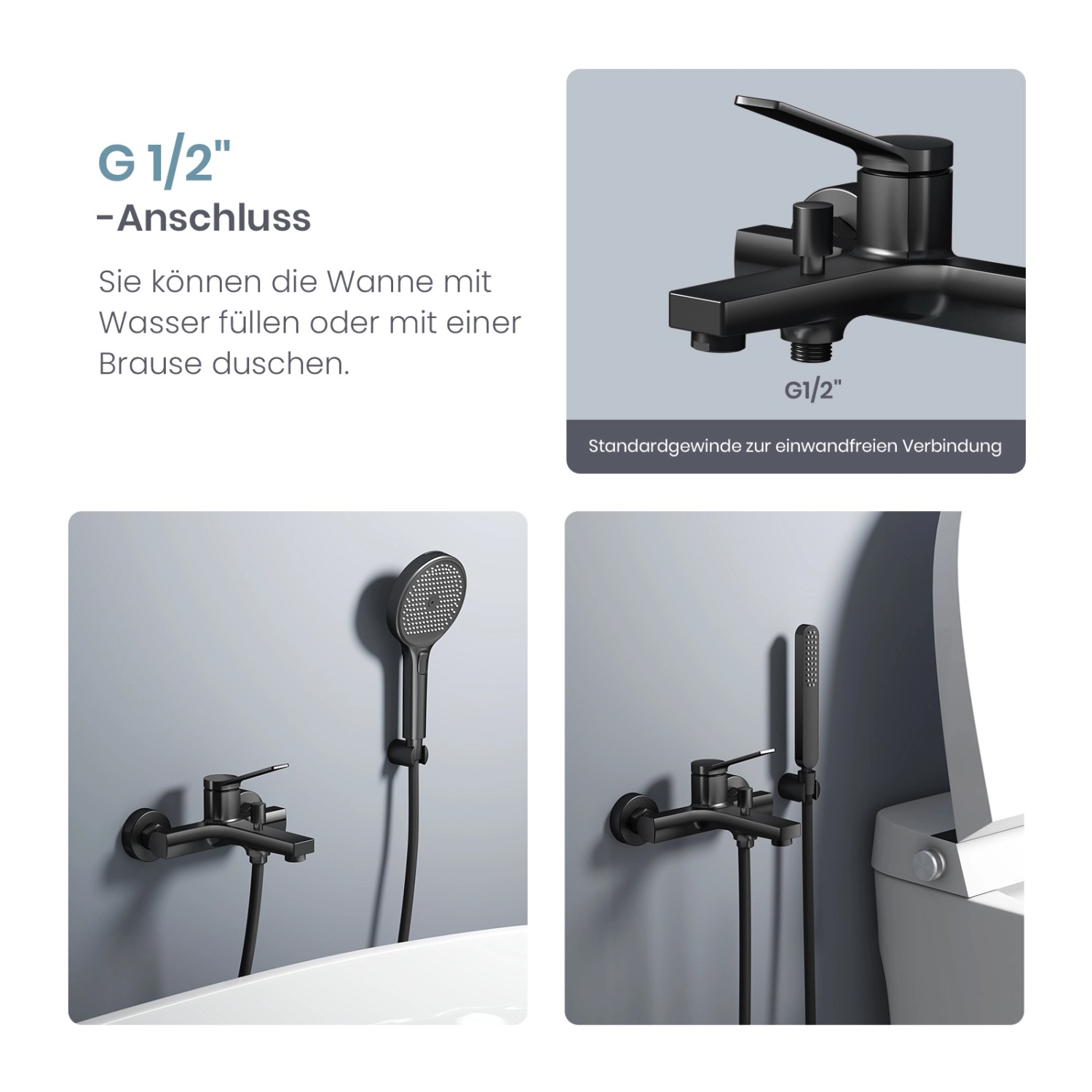 Emke Badewannenarmatur Schwarz mit Auslauf Mischbatterie Badewanne Brausebatterie Einhand Wannenbatterie_6