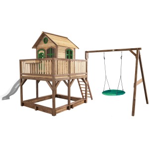 Axi Liam Spielhaus mit Nestschaukel, Rutsche, Sandkasten, Holz, braun, grün, weiß. Ideal für Kinder zum Spielen im Garten.