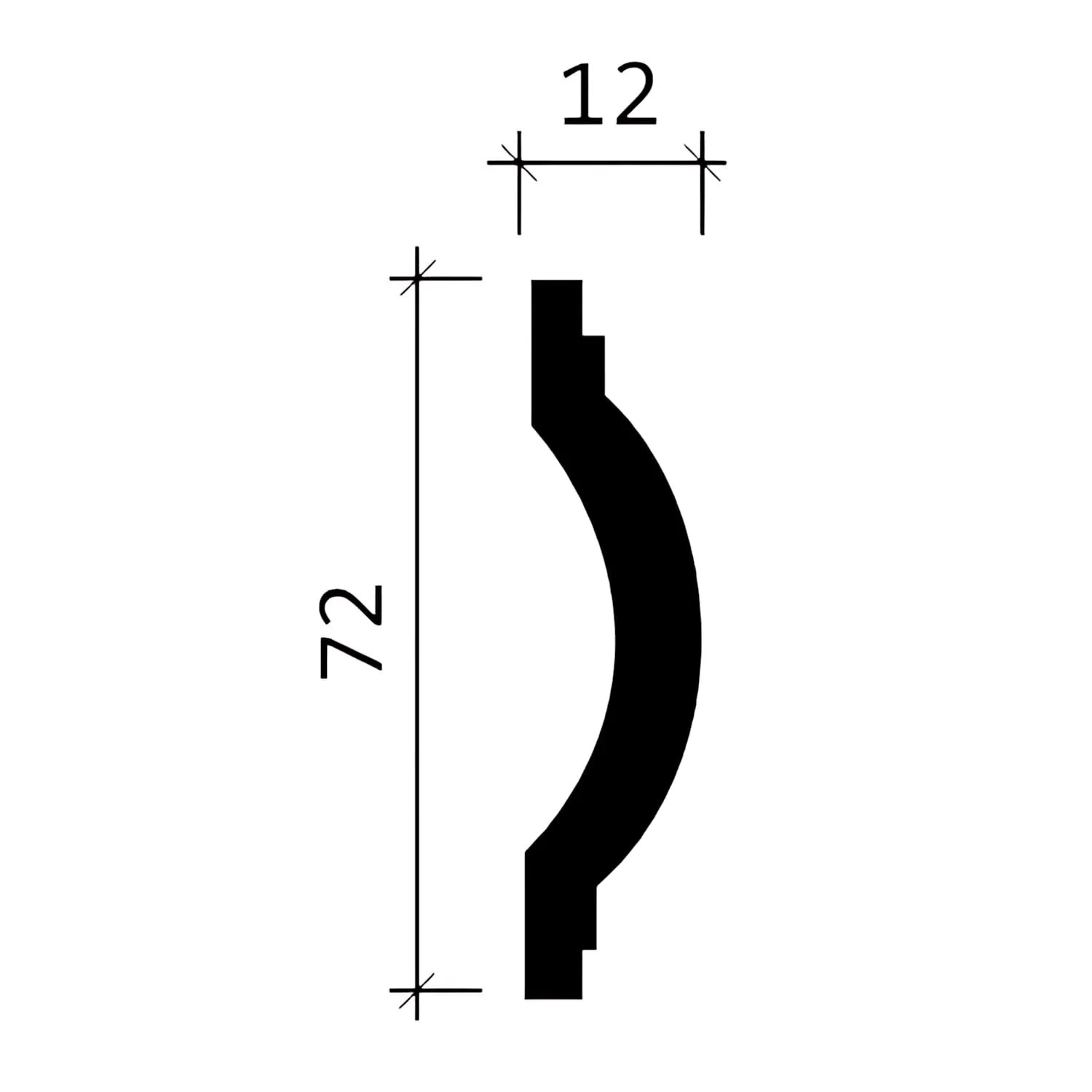 Profilzeichnung der weißen PROFHOME Wand- und Friesleiste, 72x12 mm, im 12er Set.