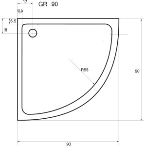 Technische Zeichnung: Sanotechnik Duschwanne Zeus Viertelkreis, 90x90 cm, Maße und Details.