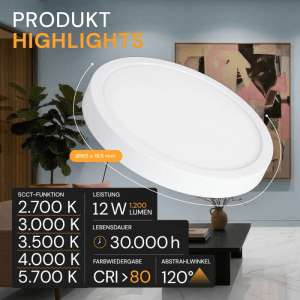 ENOVALITE LED Panel 12W 2700- 5700K Warm- Kaltweiß Einbauleuchte Aufbauleuchte Rund Weiß Variabler Lochdurchmesser IP20