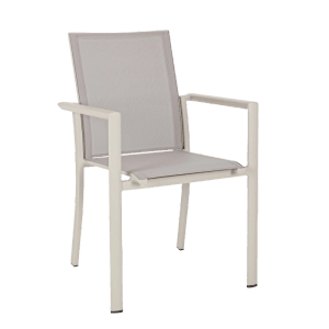 Stapelbarer Gartenstuhl Konnor Rastin mit Textilbespannung und Armlehnen.