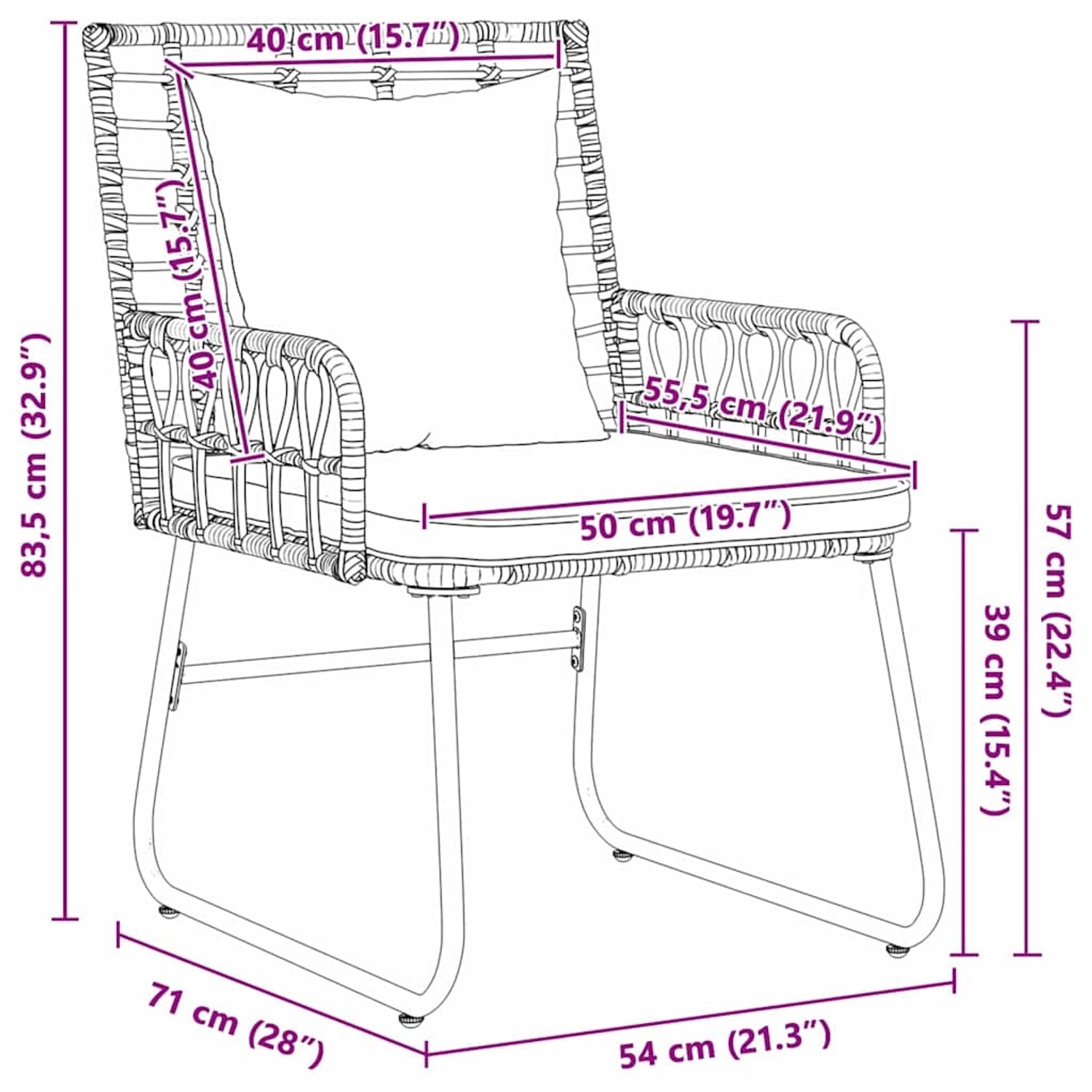 Skizze eines Gartenstuhls der vidaXL Essgruppe, schwarz/anthrazit, aus Poly Rattan und Stahl, mit Maßangaben.