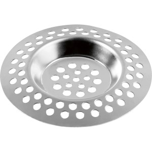 Rundes Abflusssieb aus Edelstahl (75 mm) mit Löchern zum Auffangen von Haaren und Schmutz.