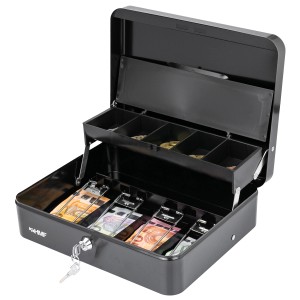 HMF 15230-02 Geldkassette Abschließbar Münzeinsatz 4 Scheinfächer Klammer 30 x 24 x 9 cm Schwarz