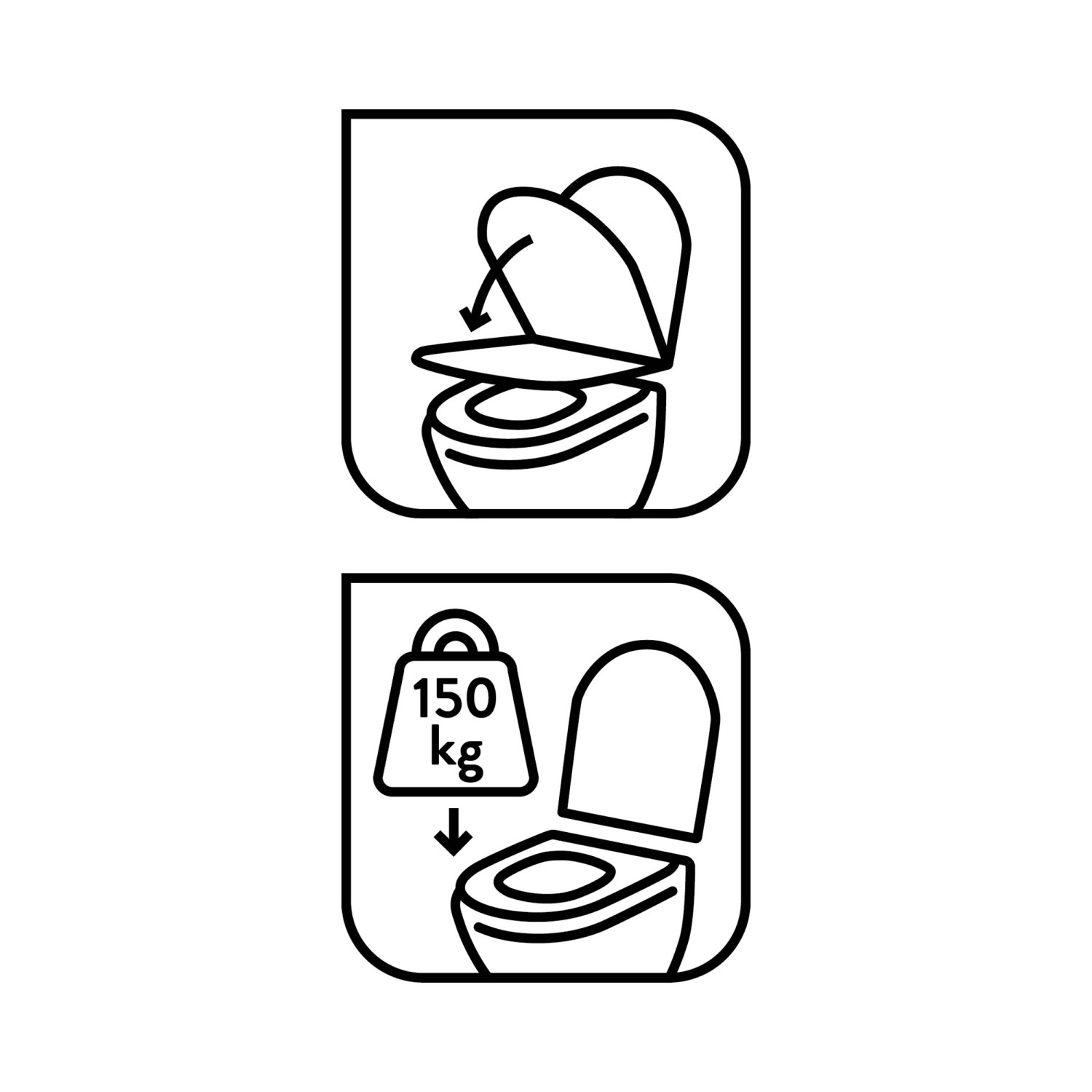 Icons: WC-Sitz Fogo mit Absenkautomatik und Belastbarkeit bis 150 kg.