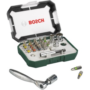 Bosch Schrauberbit-Set, 26-teilig mit Ratsche und farbcodierten Bits in Aufbewahrungsbox.