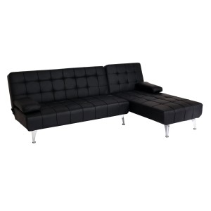 Schwarzes MCW Schlafsofa K22 aus Kunstleder mit Schlaffunktion und zwei Kissen.