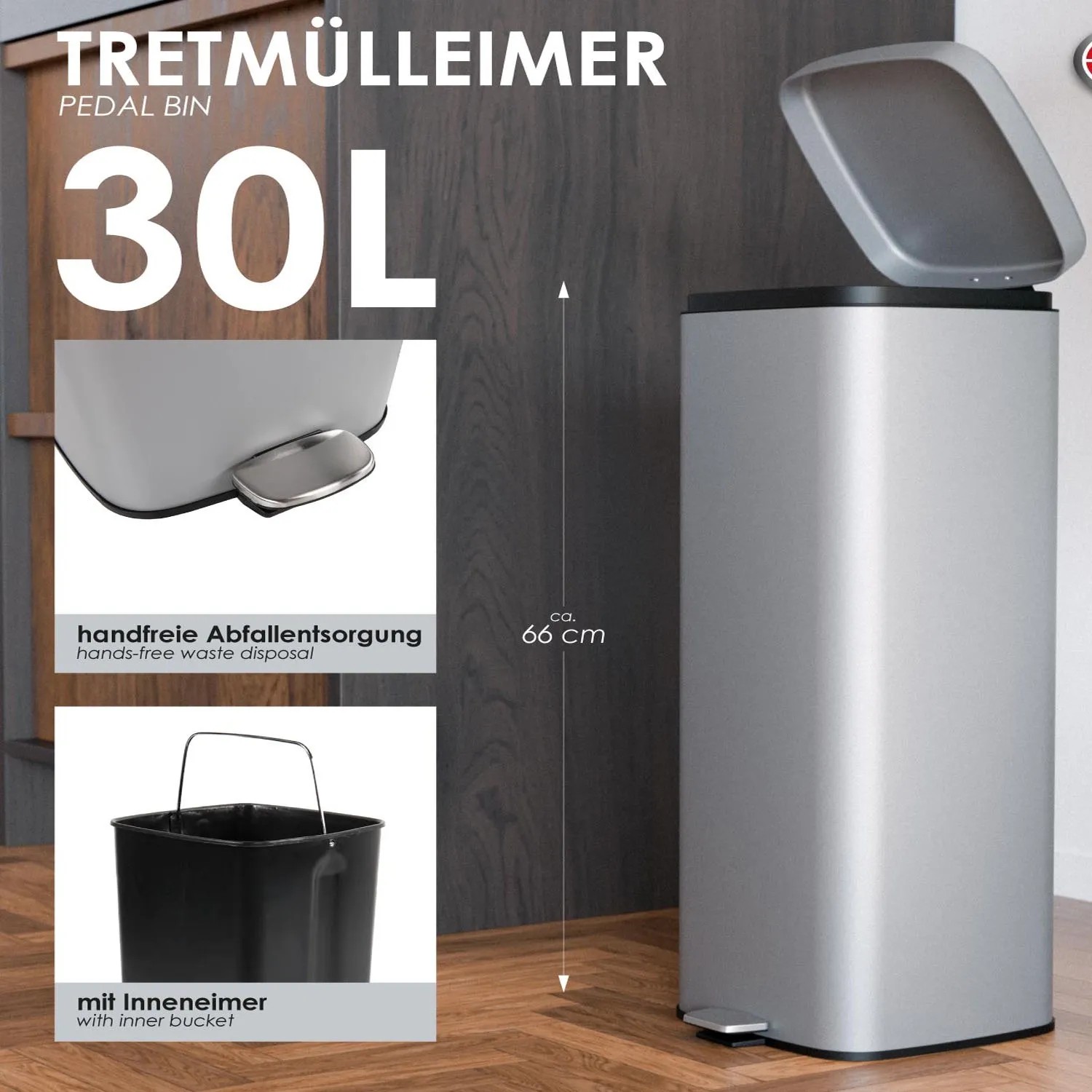 Grauer Mojawo Treteimer aus Metall, 30 Liter, mit Inneneimer und Pedal.