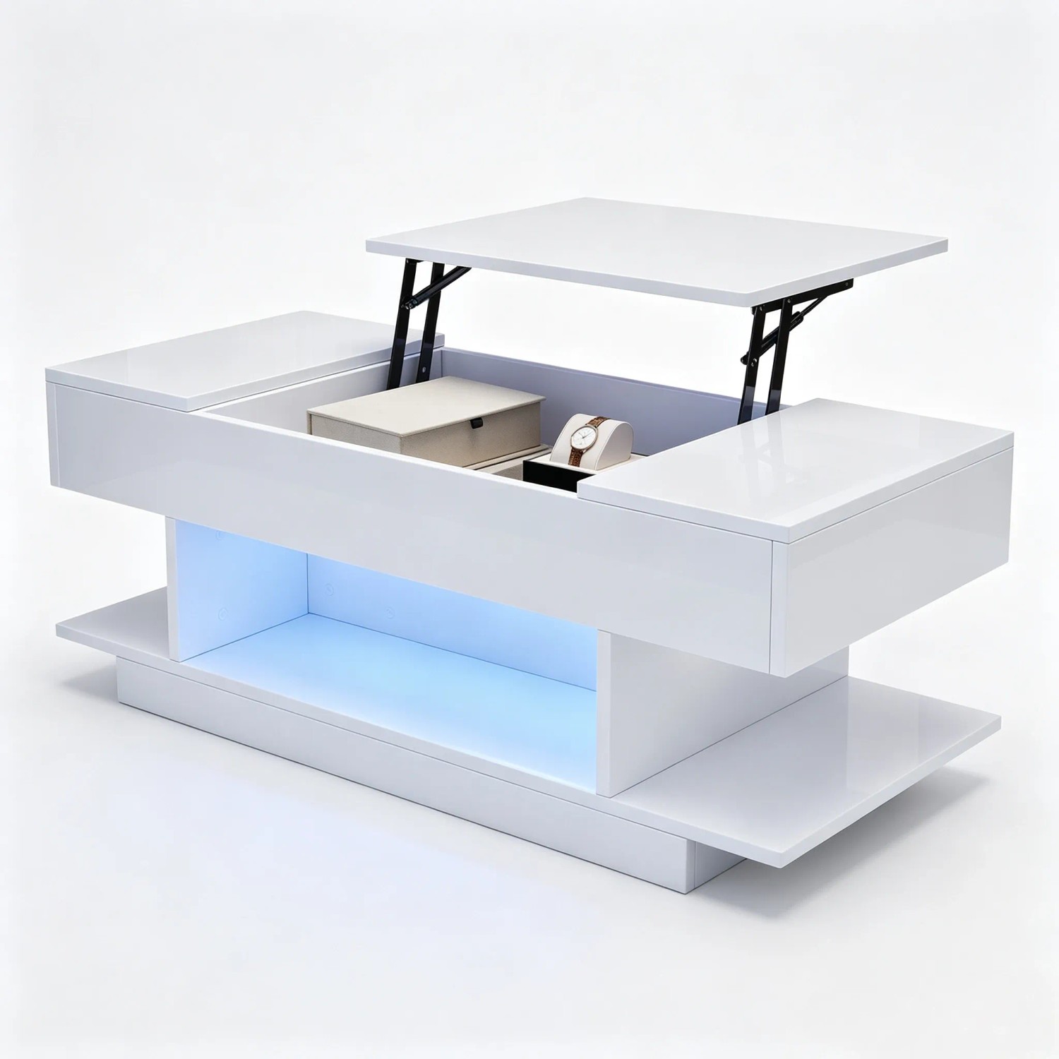 PXloue Couchtisch Höhenverstellbarer  mit LED-Lift Tischplatte Weiß Hochglanz