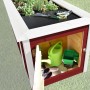 Weka Hochbeet rot mit Schrank: Holz-Hochbeet mit Bepflanzung und Gartengeräten im Schrank.