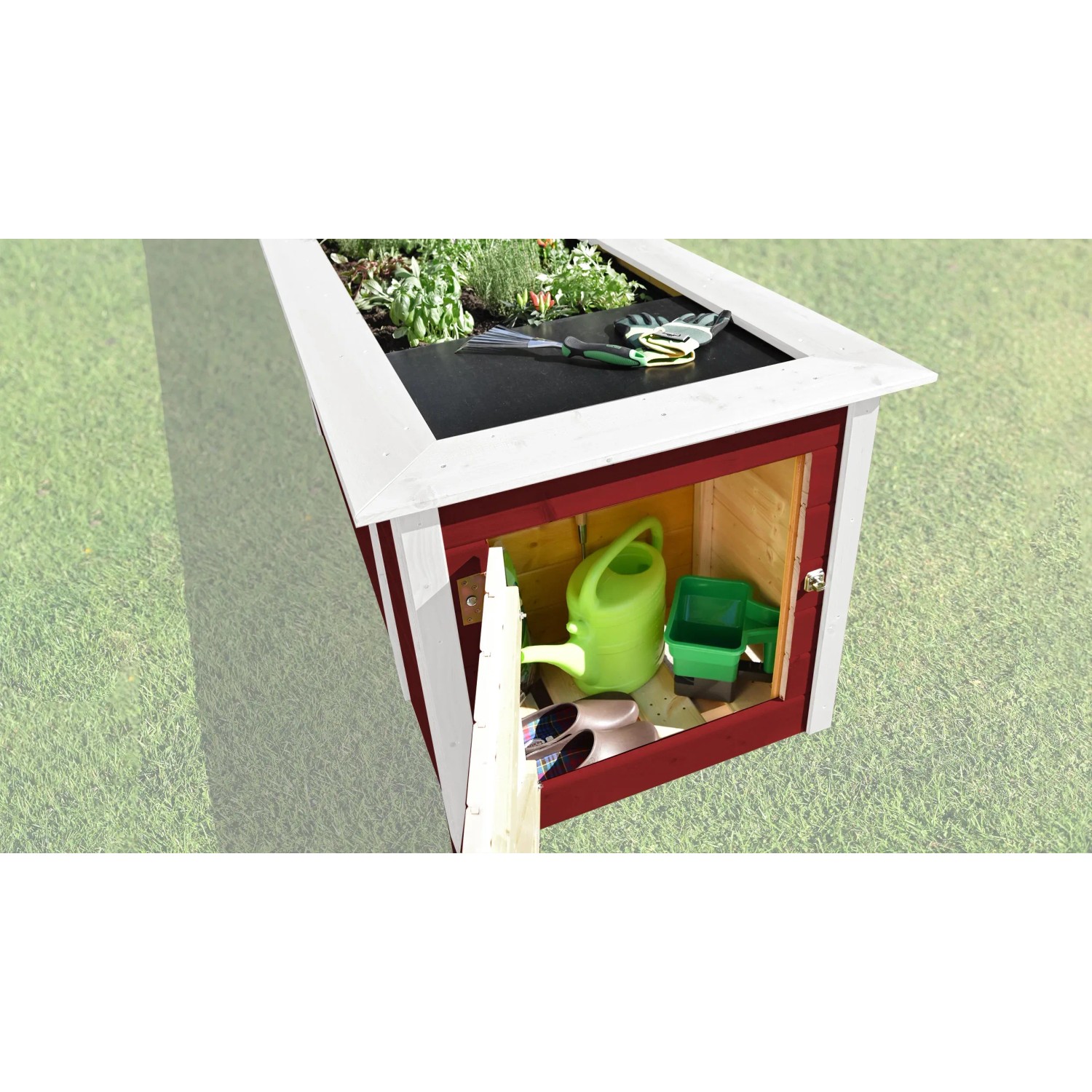 Weka Hochbeet rot mit Schrank: Holz-Hochbeet mit Bepflanzung und Gartengeräten im Schrank.