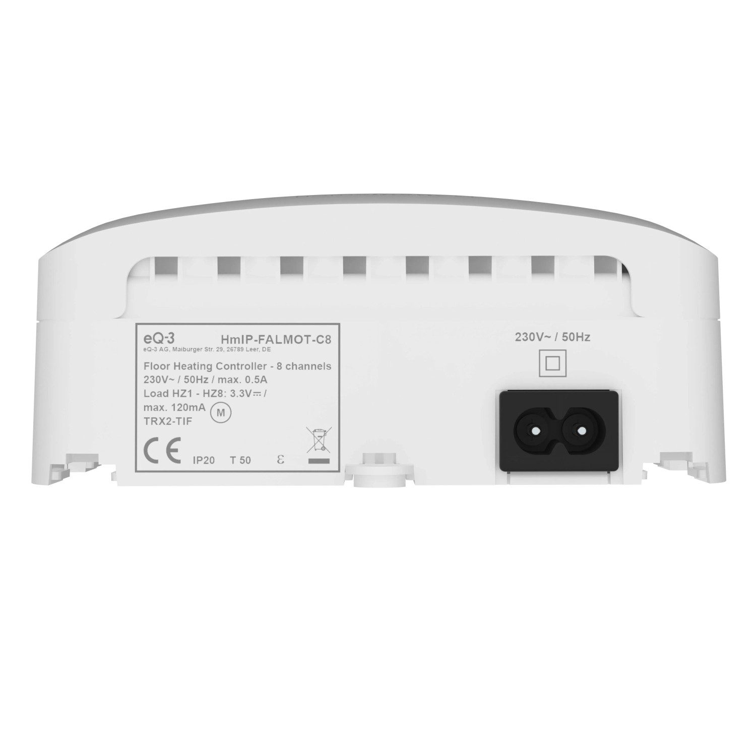 Homematic IP Fußbodenheizungscontroller FALMOT-C8, Rückansicht. Weißes Gehäuse mit Stromanschluss und Produktetikett. Hausautomation.