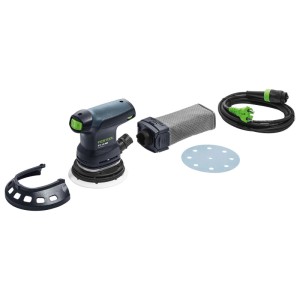 Festool Exzenterschleifer ETS 125 REQ, dunkelgrau/grün, mit Staubfangbeutel, Kabel, Schutz und Schleifscheibe.