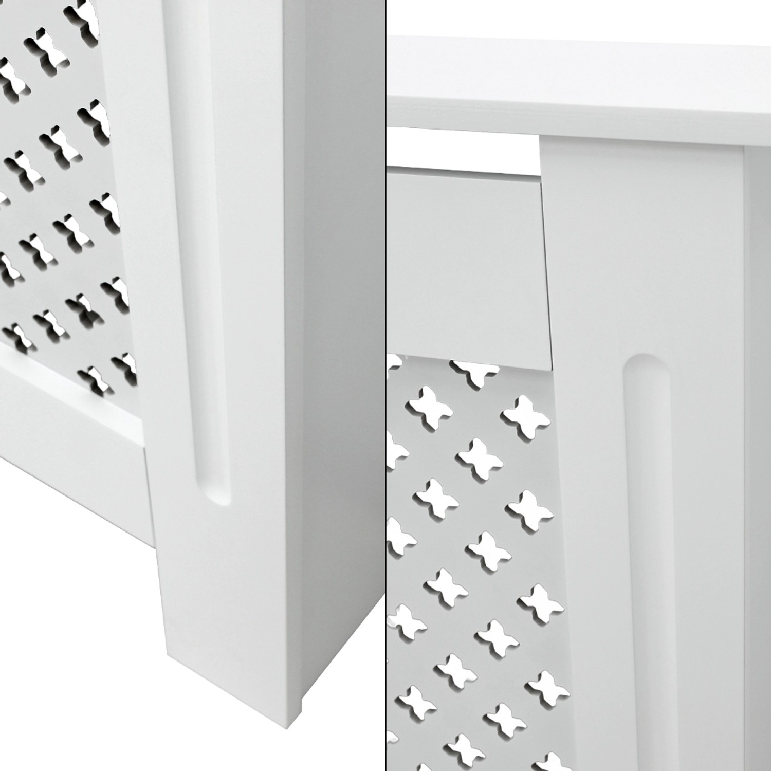 Detailansicht: Weiße ECD Germany Heizkörperverkleidung mit Wabenmuster.