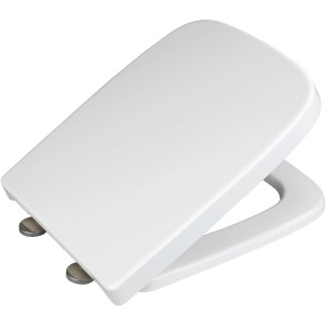 Weißer Wenko WC-Sitz Exclusive für Geberit Renova1 Plan mit Absenkautomatik und Edelstahlbefestigung.