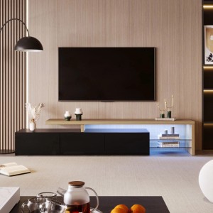 Schwarzer TV-Schrank mit LED-Beleuchtung, Holzoptik und Glasböden für Wohnzimmer.