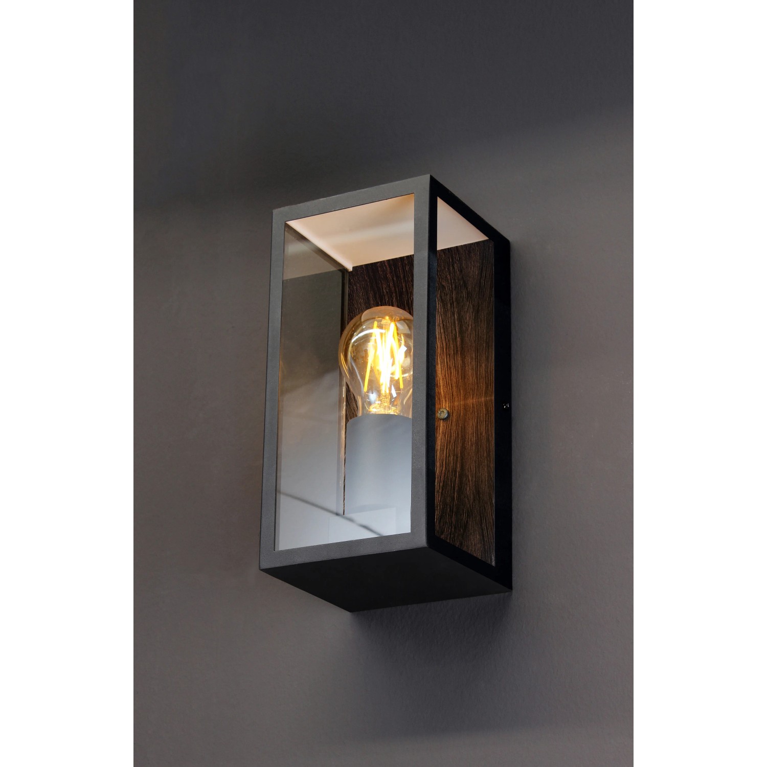 Eco-Light Außenleuchte Karo mit Holzoptik und E27 Fassung als klassische Wandleuchte.