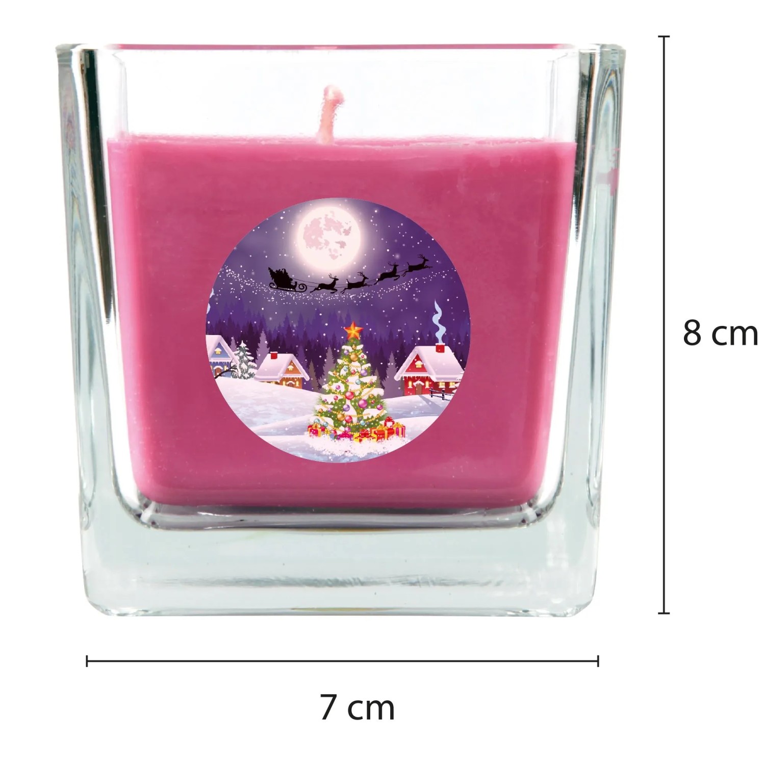 Lila Duftkerze im Glas mit Weihnachtsmotiv (Weihnachtsbaum, Schlitten) für 50h Brenndauer.