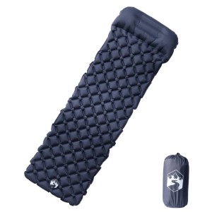 Graue, aufblasbare Isomatte mit Kissen und Packsack für Camping & Outdoor.