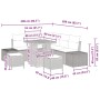vidaXL Gartenmöbel-Set, 8-teilig, beige Poly Rattan, mit Sofa, Tisch und Hockern. Abmessungen sind eingezeichnet.