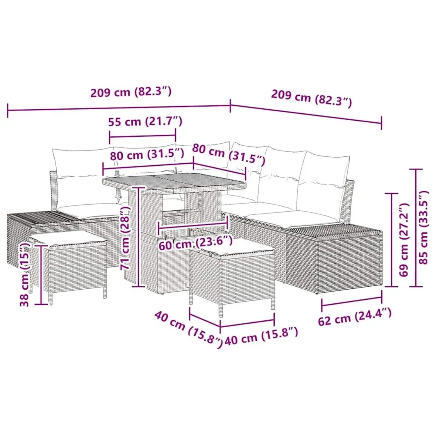 vidaXL Gartenmöbel-Set, 8-teilig, beige Poly Rattan, mit Sofa, Tisch und Hockern. Abmessungen sind eingezeichnet.