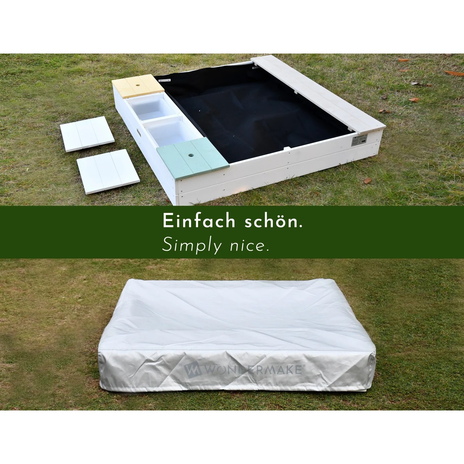 WONDERMAKE Sandkasten arena2 aus Holz mit Matschküche und Abdeckung.