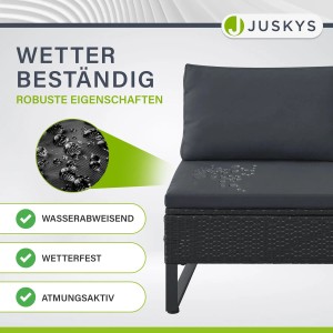 Juskys Polyrattan Lounge Santorini, schwarz-graue Gartenmöbel mit wetterfesten Polstern.