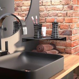 Schwarzes SOTECH HOVER-X Design Wandeckregal aus Stahl, 250x250 mm, an Ziegelwand im Bad mit Accessoires.