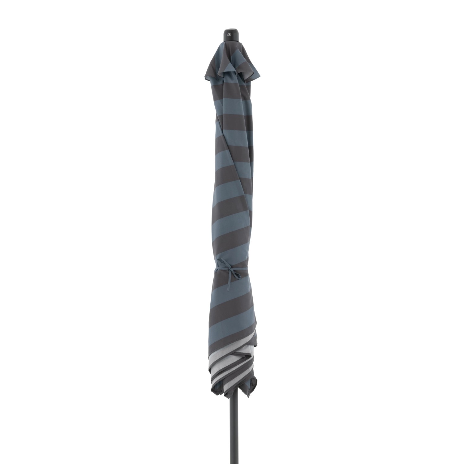 Zusammengebundener, blau-grau gestreifter Doppler Marktschirm MyZone.