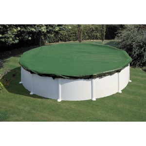 Runde, grüne Summer Fun Poolabdeckung Extra auf Stahlwandpool Ø 460 cm im Garten.