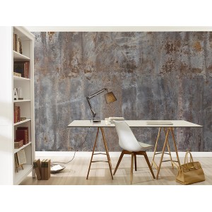 Rasch Digitaltapete Factory IV mit braunen Metallplatten im Used-Look an einer Bürowand.