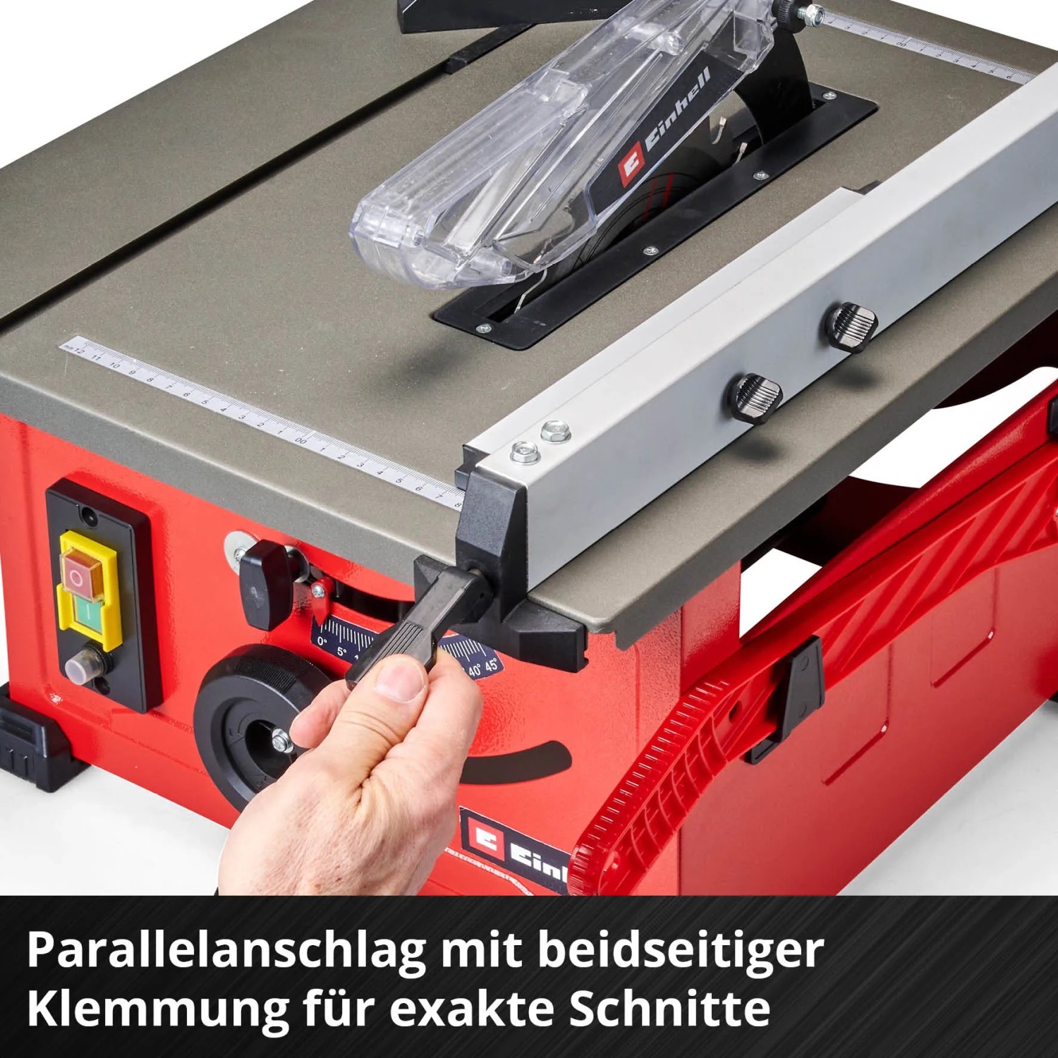 Einhell TC-TS 8 Tischkreissäge: Detailaufnahme des Parallelanschlags für präzise Schnitte.