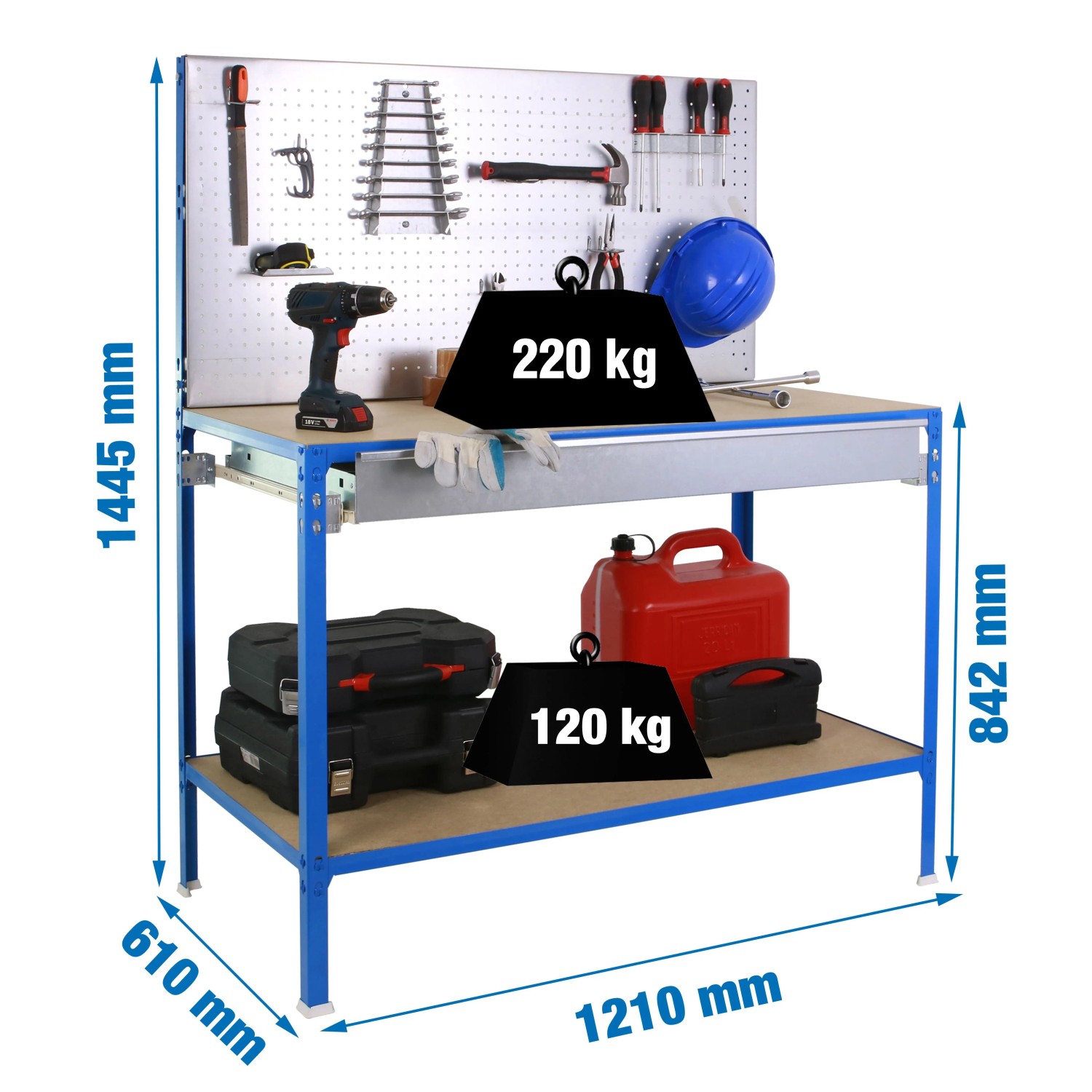 PROREGAL Werkbank Bufallo Light mit Lochwand 2 Ebenen HxBxT 144,5 x 90 x 60 cm Traglast 220 kg Blau/Verzinkt