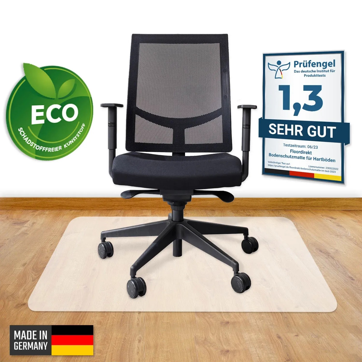 Halbtransparente Karat Bodenschutzmatte aus Polypropylen unter Bürostuhl auf Hartboden, 90x90 cm.