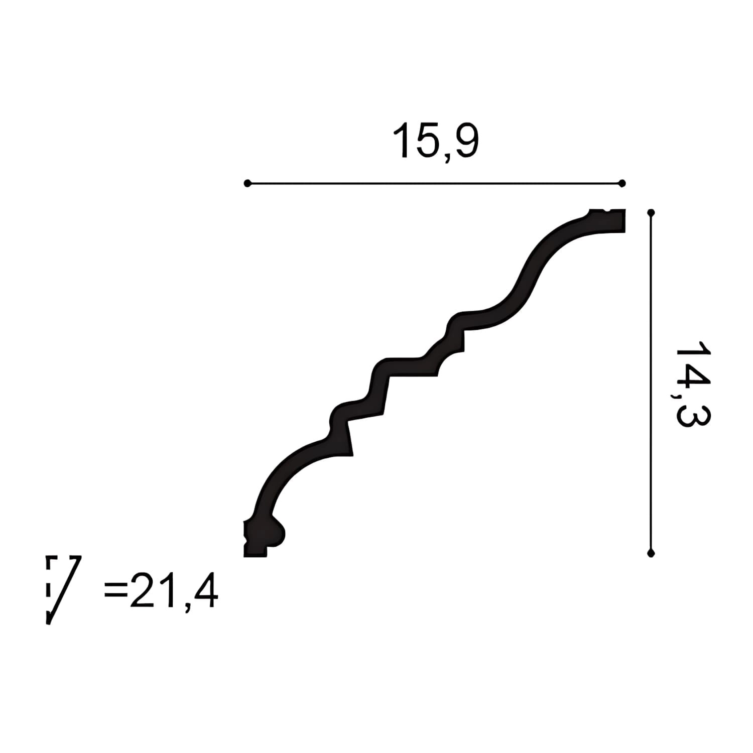 Detailaufnahme ORAC DECOR C327 Eckleiste, weiße Zierleiste mit Maßangaben.